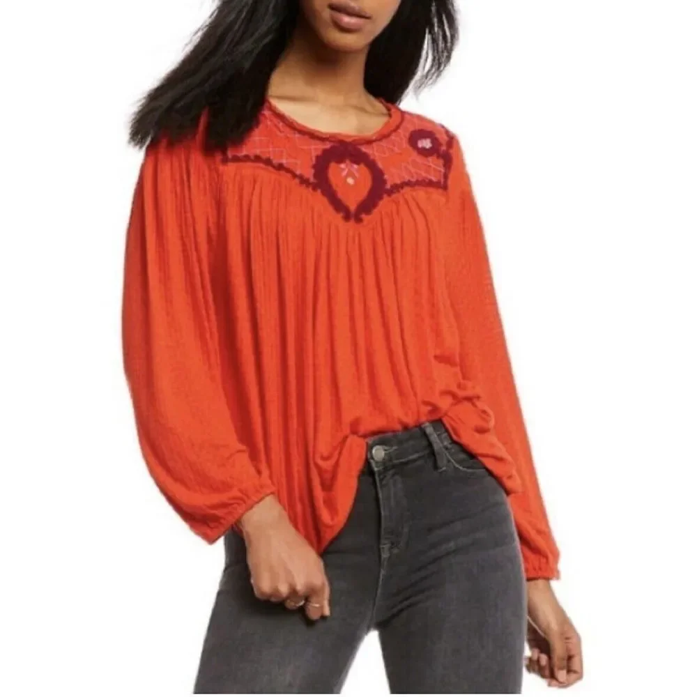 Free People Size Small Begonia Embroidered‎ Peasant Top Blouse Orange Bohemian